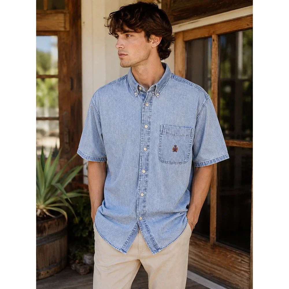 Vintage 90s Bugle Boy Gold Crest Denim Shirt Mens XL Light Wash Short Sleeve